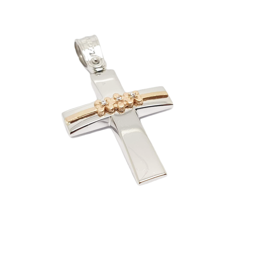 White gold cross k14 with pose gold flowers k14  (code AL1840)